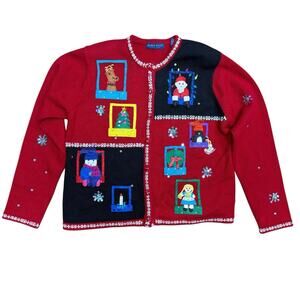 Karen Scott Christmas Sweater Cardigan, Size LP Sequins, Beads, Felt Vintage